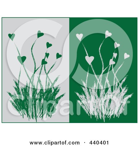 Royalty-Free (RF) Clip Art Illustration of a Digital Collage Of Heart Flowers And Grasses On Gray And Green Backgrounds by Vitmary Rodriguez