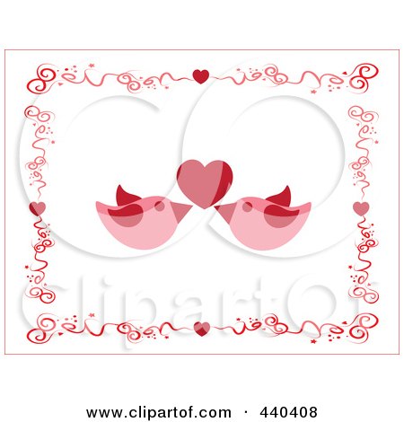 Royalty-Free (RF) Clip Art Illustration of a Pair Of Pink Love Birds Under A Red Heart, Borderd By Swirls And Hearts by Vitmary Rodriguez