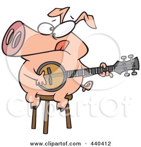 Royalty-Free (RF) Clip Art Illustration of a Cartoon Pig Sitting On A Stool And Playing A Banjo by toonaday
