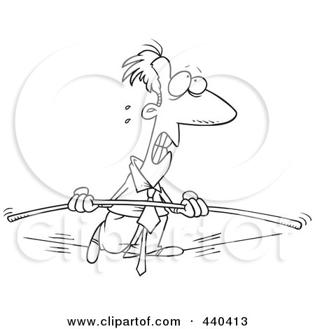 Royalty-Free (RF) Clip Art Illustration of a Cartoon Black And White Outline Design Of A Nervous Businessman Walking A Tight Rope With A Bar by toonaday