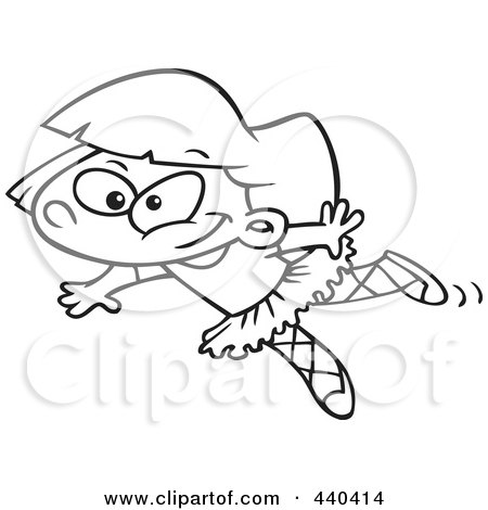 Royalty-Free (RF) Clip Art Illustration of a Cartoon Black And White Outline Design Of A Happy Ballerina Girl Dancing In A Leotard by toonaday