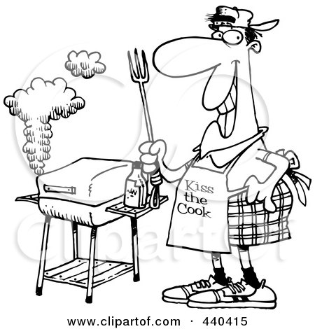 Royalty-Free (RF) Clip Art Illustration of a Cartoon Black And White Outline Design Of A Man Standing By His Bbq by toonaday