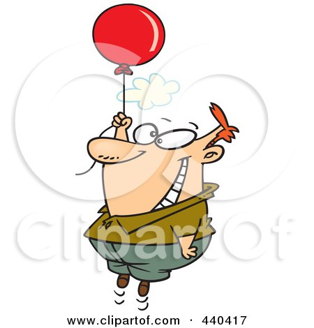 Royalty-Free (RF) Clip Art Illustration of a Cartoon Happy Man Floating With A Balloon by toonaday