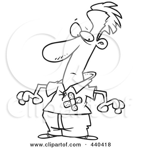 Royalty-Free (RF) Clip Art Illustration of a Cartoon Black And White Outline Design Of A Man With Bandages Over His Chest by toonaday