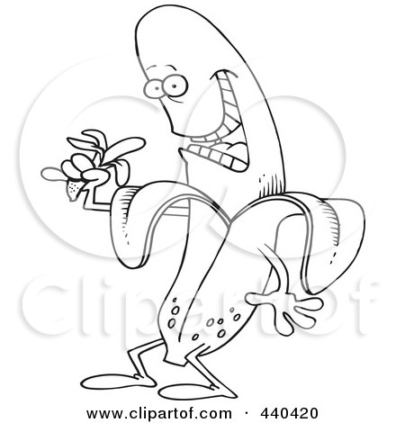 Royalty-Free (RF) Clip Art Illustration of a Cartoon Black And White Outline Design Of A Banana Character Eating A Banana by toonaday