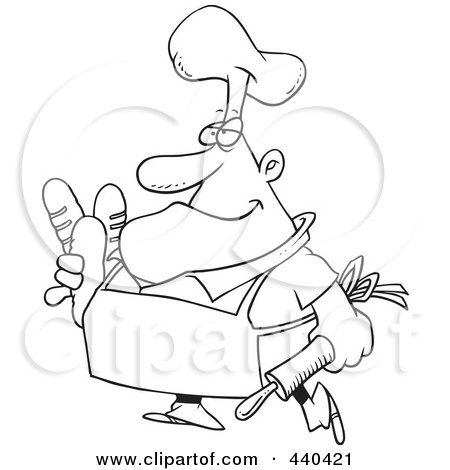 Royalty-Free (RF) Clip Art Illustration of a Cartoon Black And White Outline Design Of A Male Baker Carrying Bread by toonaday