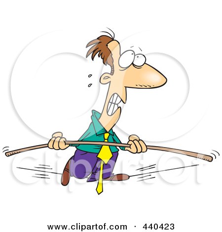 Royalty-Free (RF) Clip Art Illustration of a Cartoon Nervous Businessman Walking A Tight Rope With A Bar by toonaday
