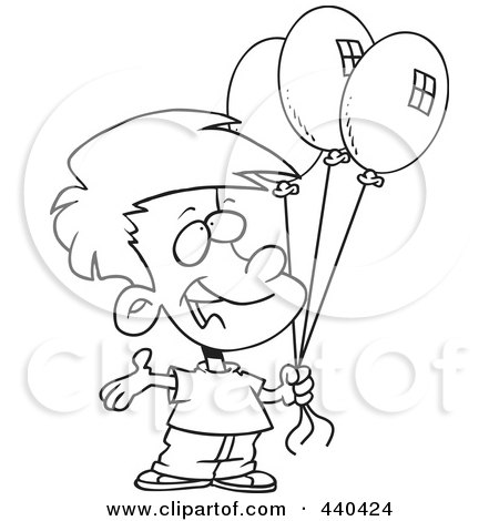 Royalty-Free (RF) Clip Art Illustration of a Cartoon Black And White Outline Design Of A Birthday Boy Holding Three Balloons by toonaday