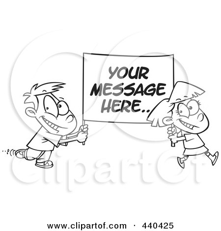 Royalty-Free (RF) Clip Art Illustration of a Cartoon Black And White Outline Design Of A Boy And Girl Carrying A Sign With Sample Text by toonaday