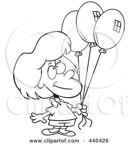 Royalty-Free (RF) Clip Art Illustration of a Cartoon Black And White Outline Design Of A Birthday Girl Holding Three Balloons by toonaday