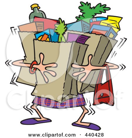 Royalty-Free (RF) Clip Art Illustration of a Cartoon Woman Carrying Heavy Grocery Bags by toonaday