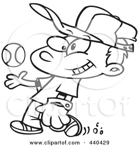 Royalty-Free (RF) Clip Art Illustration of a Cartoon Black And White Outline Design Of A Boy Tossing And Catching A Baseball by toonaday