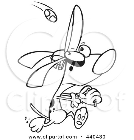 Royalty-Free (RF) Clip Art Illustration of a Cartoon Black And White Outline Design Of A Dog Running To Catch A Baseball by toonaday