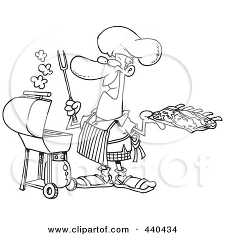 Royalty-Free (RF) Clip Art Illustration of a Cartoon Black And White Outline Design Of A Man Holding Ribs By His Bbq by toonaday