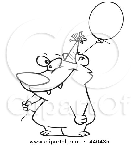 Royalty-Free (RF) Clip Art Illustration of a Cartoon Black And White Outline Design Of A Birthday Bear Holding A Balloon by toonaday
