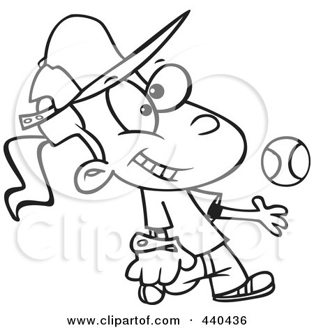 Royalty-Free (RF) Clip Art Illustration of a Cartoon Black And White Outline Design Of A Tomboy Girl Tossing And Catching A Baseball by toonaday
