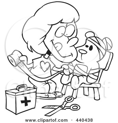 Royalty-Free (RF) Clip Art Illustration of a Cartoon Black And White Outline Design Of A Girl Bandaging Up Her Teddy Bear by toonaday