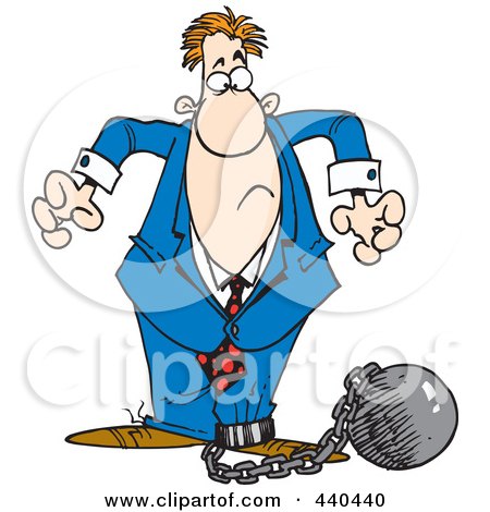 Royalty-Free (RF) Clip Art Illustration of a Cartoon Businessman Shackled To A Ball And Chain by toonaday