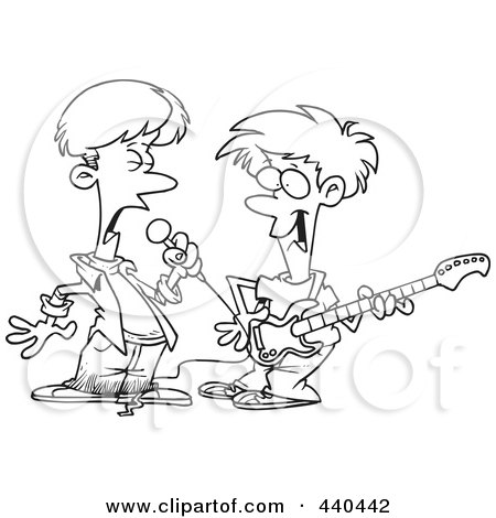 Royalty-Free (RF) Clip Art Illustration of a Cartoon Black And White Outline Design Of Two Boys Singing And Playing A Guitar In A Band by toonaday