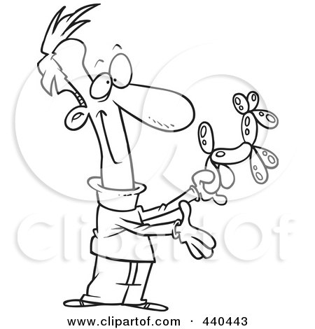 Royalty-Free (RF) Clip Art Illustration of a Cartoon Black And White Outline Design Of A Man Presenting A Balloon Dog by toonaday