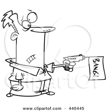 Royalty-Free (RF) Clip Art Illustration of a Cartoon Black And White Outline Design Of A Man Shooting A Bang Banner Out Of A Gun by toonaday