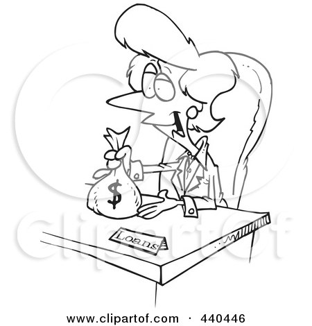 Royalty-Free (RF) Clip Art Illustration of a Cartoon Black And White Outline Design Of A Female Banker Giving A Loan by toonaday