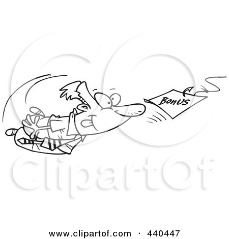 Royalty-Free (RF) Clip Art Illustration of a Cartoon Black And White Outline Design Of A Businessman Swimming After A Bonus Bait by toonaday