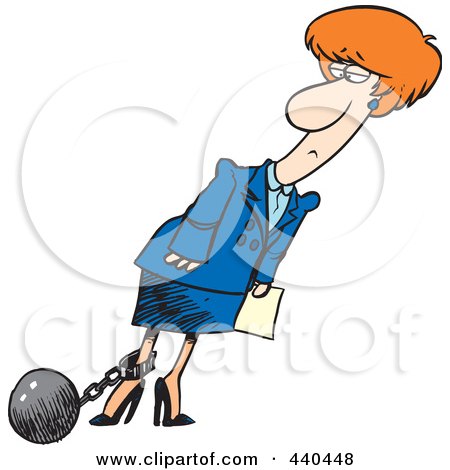 Royalty-Free (RF) Clip Art Illustration of a Cartoon Businesswoman Pulling A Ball On A Shackle And Chain by toonaday