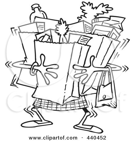 Royalty-Free (RF) Clip Art Illustration of a Cartoon Black And White Outline Design Of A Woman Carrying Heavy Grocery Bags by toonaday