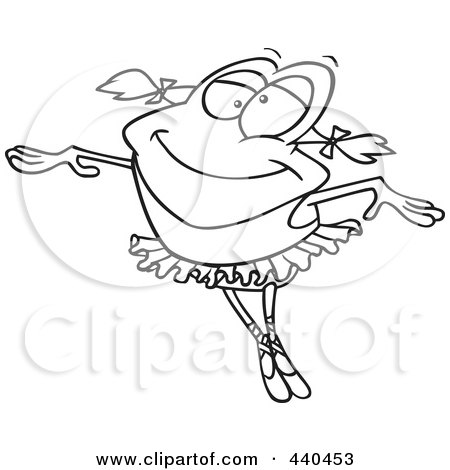 Royalty-Free (RF) Clip Art Illustration of a Cartoon Black And White Outline Design Of A Dancing Ballerina Frog by toonaday