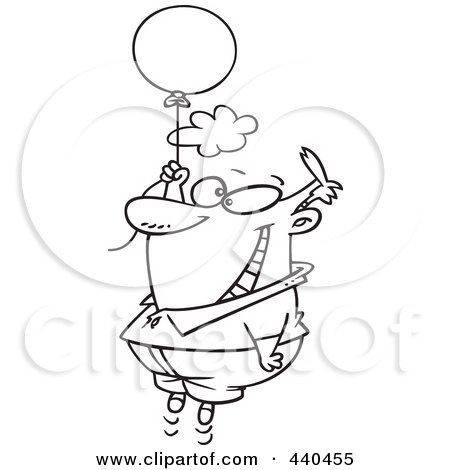 Royalty-Free (RF) Clip Art Illustration of a Cartoon Black And White Outline Design Of A Happy Man Floating With A Balloon by toonaday