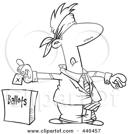 Royalty-Free (RF) Clip Art Illustration of a Cartoon Black And White Outline Design Of A Blindfolded Man Putting His Vote Into A Ballot Box by toonaday