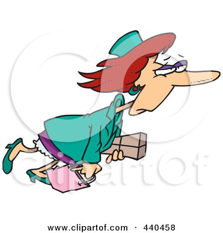 Royalty-Free (RF) Clip Art Illustration of a Cartoon Tired Woman Carrying A Package And Bag by toonaday