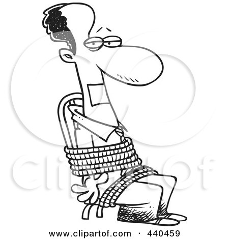 Royalty-Free (RF) Clip Art Illustration of a Cartoon Black And White Outline Design Of A Black Businessman Gagged And Tied Up To A Chair by toonaday