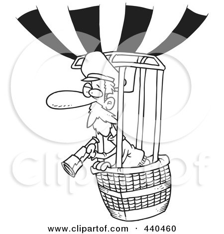 Royalty-Free (RF) Clip Art Illustration of a Cartoon Black And White Outline Design Of A Balloonist Using A Telescope by toonaday