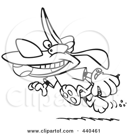 Royalty-Free (RF) Clip Art Illustration of a Cartoon Black And White Outline Design Of A Dog Running With A Baseball In His Mouth by toonaday