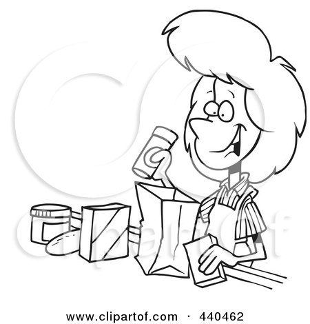 Royalty-Free (RF) Clip Art Illustration of a Cartoon Black And White Outline Design Of A Friendly Cashier Bagging Groceries by toonaday