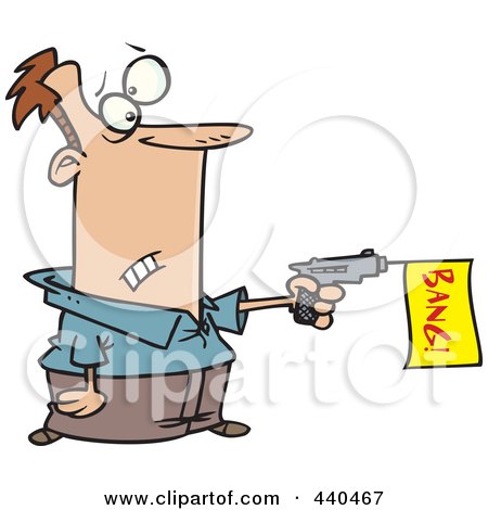 Royalty-Free (RF) Clip Art Illustration of a Cartoon Man Shooting A Bang Banner Out Of A Gun by toonaday