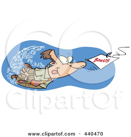 Royalty-Free (RF) Clip Art Illustration of a Cartoon Businessman Swimming After A Bonus Bait by toonaday