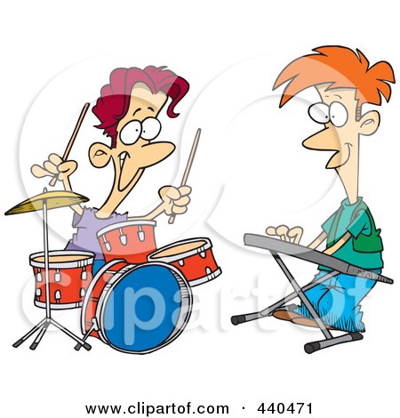 Royalty-Free (RF) Clip Art Illustration of Cartoon Boys Drumming And Keyboarding In A Band by toonaday