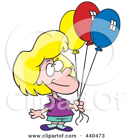 Royalty-Free (RF) Clip Art Illustration of a Cartoon Birthday Girl Holding Three Balloons by toonaday
