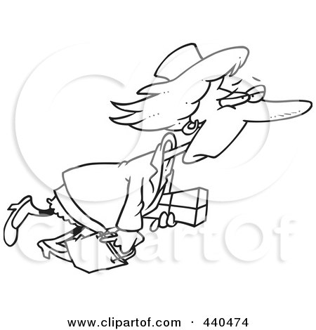 Royalty-Free (RF) Clip Art Illustration of a Cartoon Black And White Outline Design Of A Tired Woman Carrying A Package And Bag by toonaday