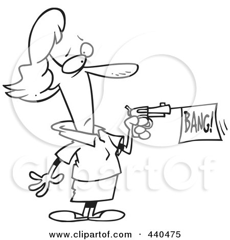 Royalty-Free (RF) Clip Art Illustration of a Cartoon Black And White Outline Design Of A Woman Shooting A Bang Banner Out Of A Gun by toonaday