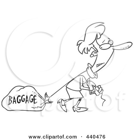 Royalty-Free (RF) Clip Art Illustration of a Cartoon Black And White Outline Design Of A Woman Pulling Heavy Baggage by toonaday