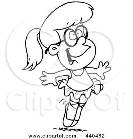 Royalty-Free (RF) Clip Art Illustration of a Cartoon Black And White Outline Design Of A Happy Ballerina Girl On Her Tippy Toes by toonaday