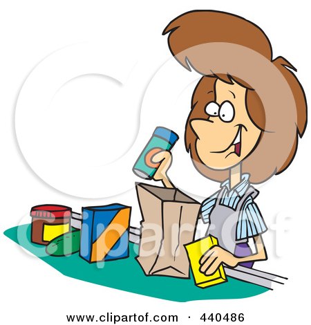 Royalty-Free (RF) Clip Art Illustration of a Cartoon Friendly Cashier Bagging Groceries by toonaday