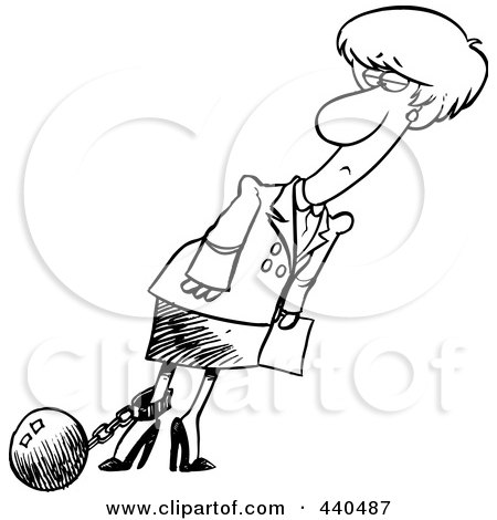 Royalty-Free (RF) Clip Art Illustration of a Cartoon Black And White Outline Design Of A Businesswoman Pulling A Ball On A Shackle And Chain by toonaday