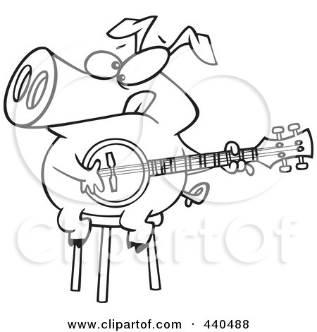 Royalty-Free (RF) Clip Art Illustration of a Cartoon Black And White Outline Design Of A Pig Sitting On A Stool And Playing A Banjo by toonaday