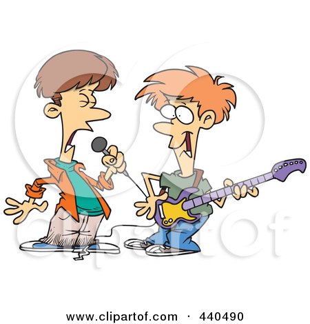 Royalty-Free (RF) Clip Art Illustration of Two Cartoon Boys Singing And Playing A Guitar In A Band by toonaday