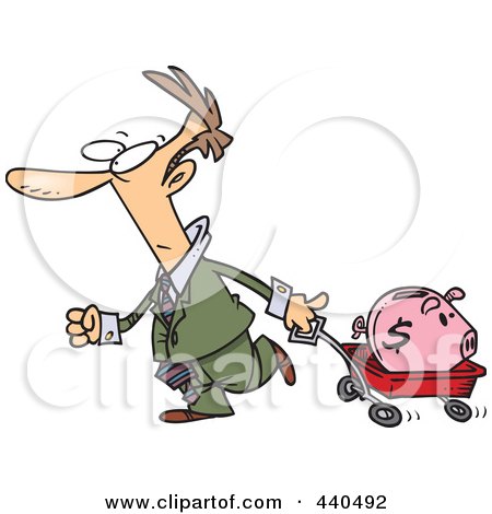 Royalty-Free (RF) Clip Art Illustration of a Cartoon Businessman Pulling A Piggy Bank In A Wagon by toonaday